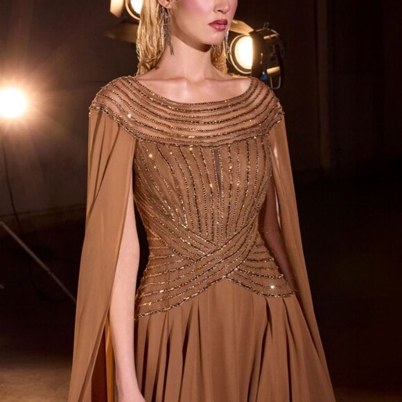 Bronze formal dress. Mother of the bride evening long cape sleeve evening gown - Picture 4 of 5